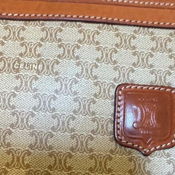 Celine Triumph Logo Clutch Leather Trim Vintage Beige & Brown Bag - Picture 11 of 16